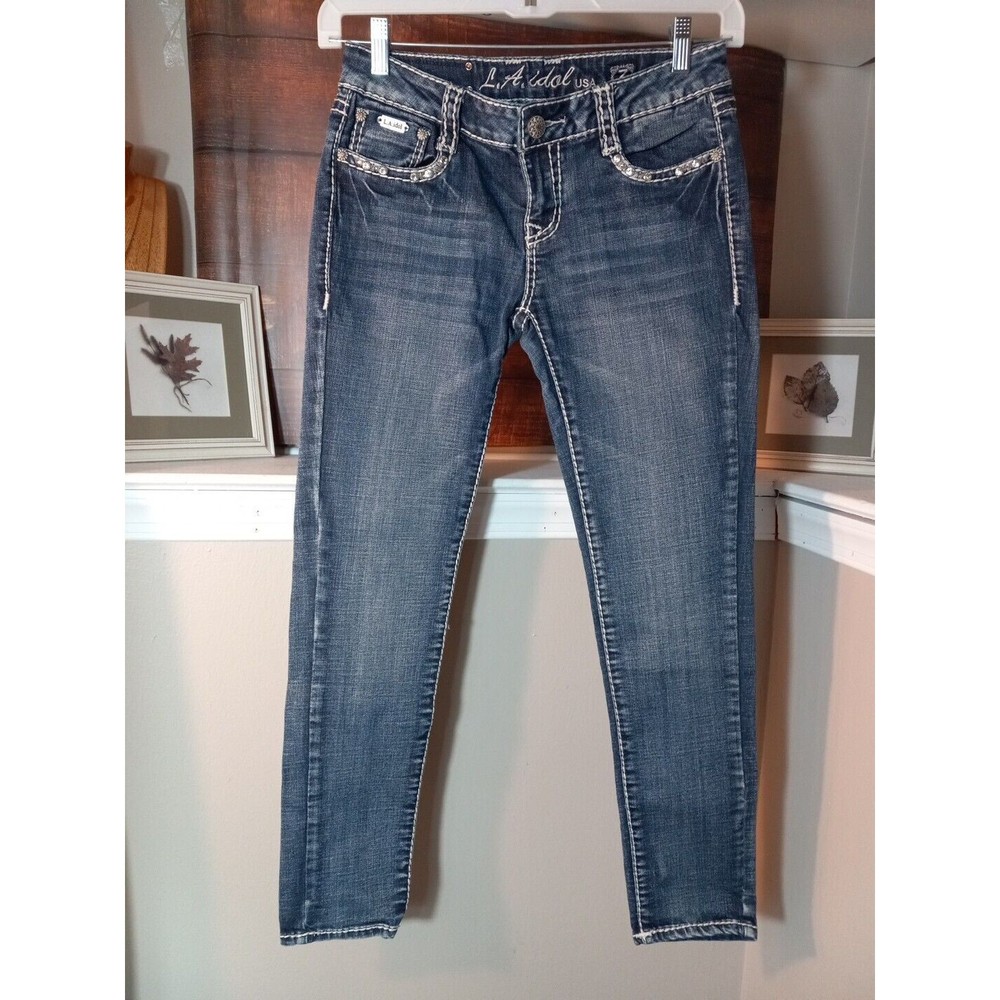 L.A. idol Womens Juniors Distressed Embroidered Rhinstones Skinny Jeans Size 7